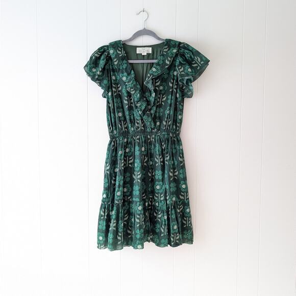 TROVATA Birds of Paradis Marcella Green Floral Cotton Tiered Mini Dress, size S - Picture 1 of 7